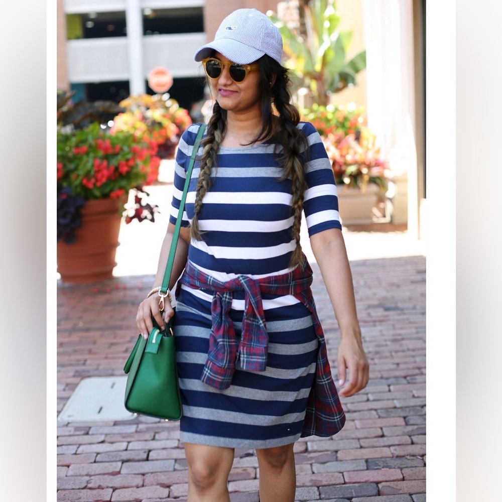 Tommy Hilfiger Navy White Striped Midi Tshirt Sheath Dress, Women’s Size Medium
